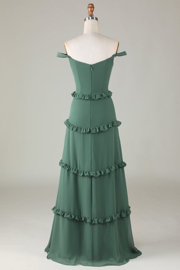 Eucalyptus Off the Shoulder Corset Lange Bruidsmeisjesjurk Im Angebot – Bild 2