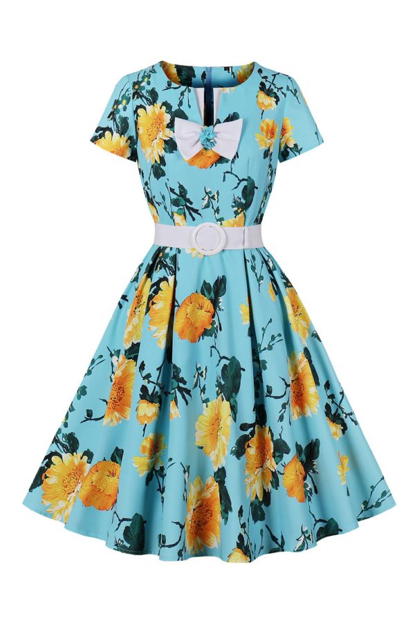 blauwe bloem print korte mouwen vintage jurk Online