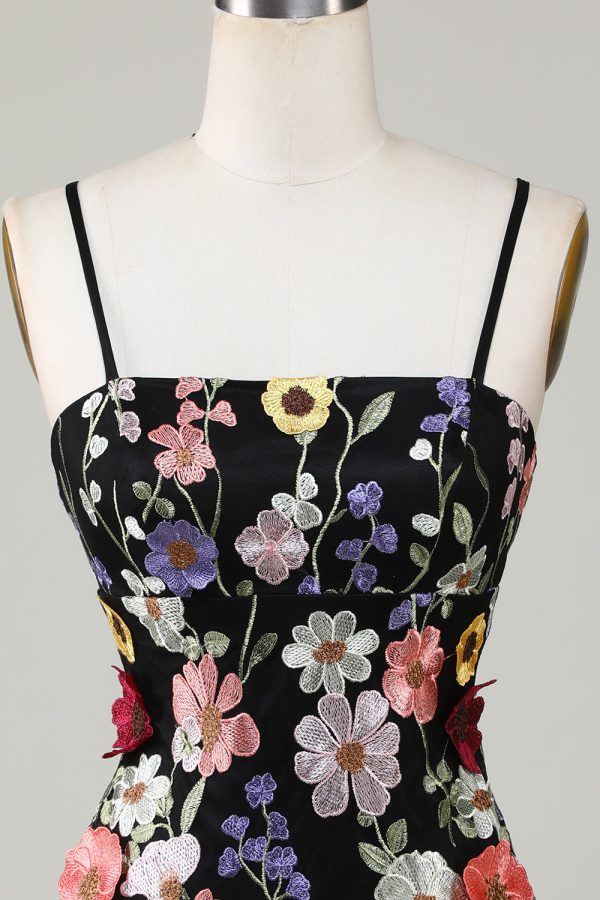 Bodycon Spaghetti Straps Zwarte Homecoming Jurk met 3D Bloemen Rabatt – Bild 4