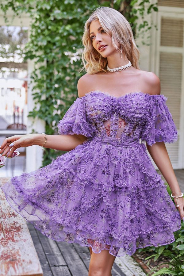 Off the Shoulder Een lijn bedrukte leuke homecoming jurk Online