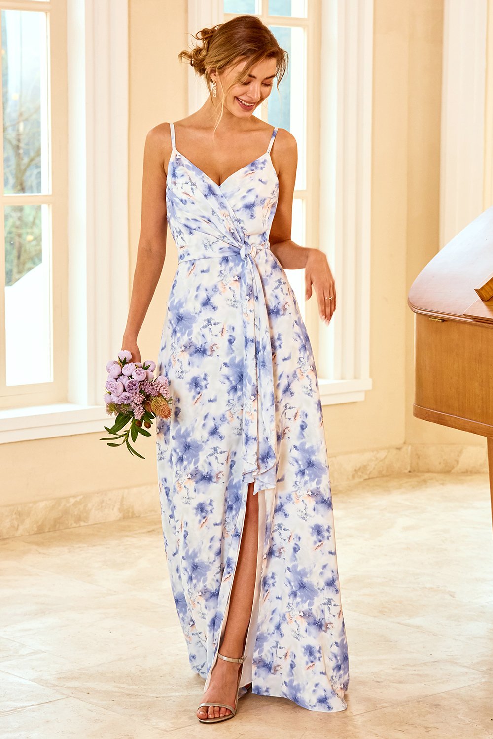 Spaghetti Bandjes Blauw Bloemen Print Bruidsmeisje Jurk Jetzt online