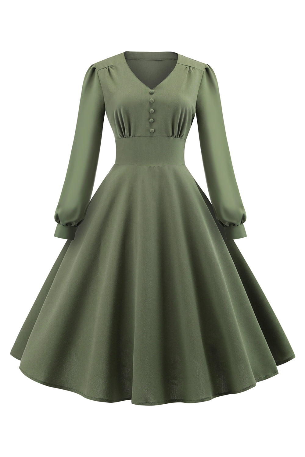 Groene V-hals lange mouwen Vintage swing jurk Online-Verkauf