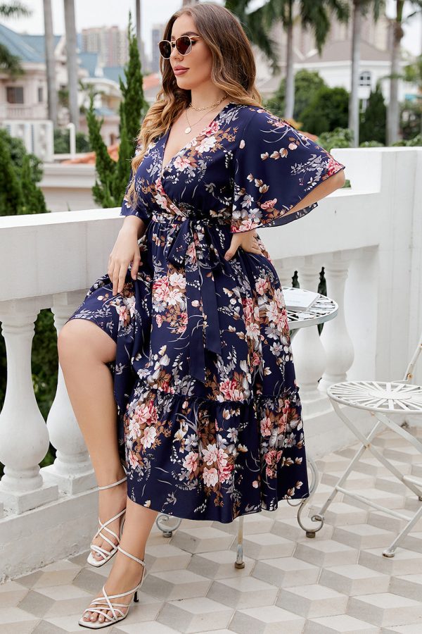 Plus size V hals marine zomerjurk met korte mouwen Rabatt – Bild 5