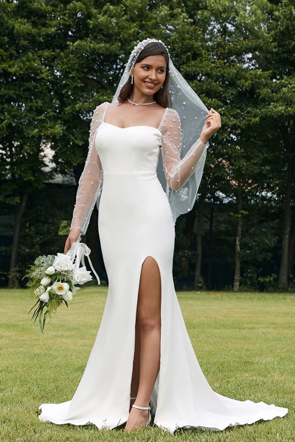 Ivoor illusie lange mouwen Backless zeemeermin trouwjurk met split Mode