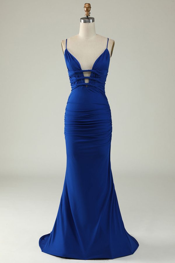 Zeemeermin Spaghetti Bandjes Royal Blue Plus Size Galajurk met Kriskras Rug Jetzt online