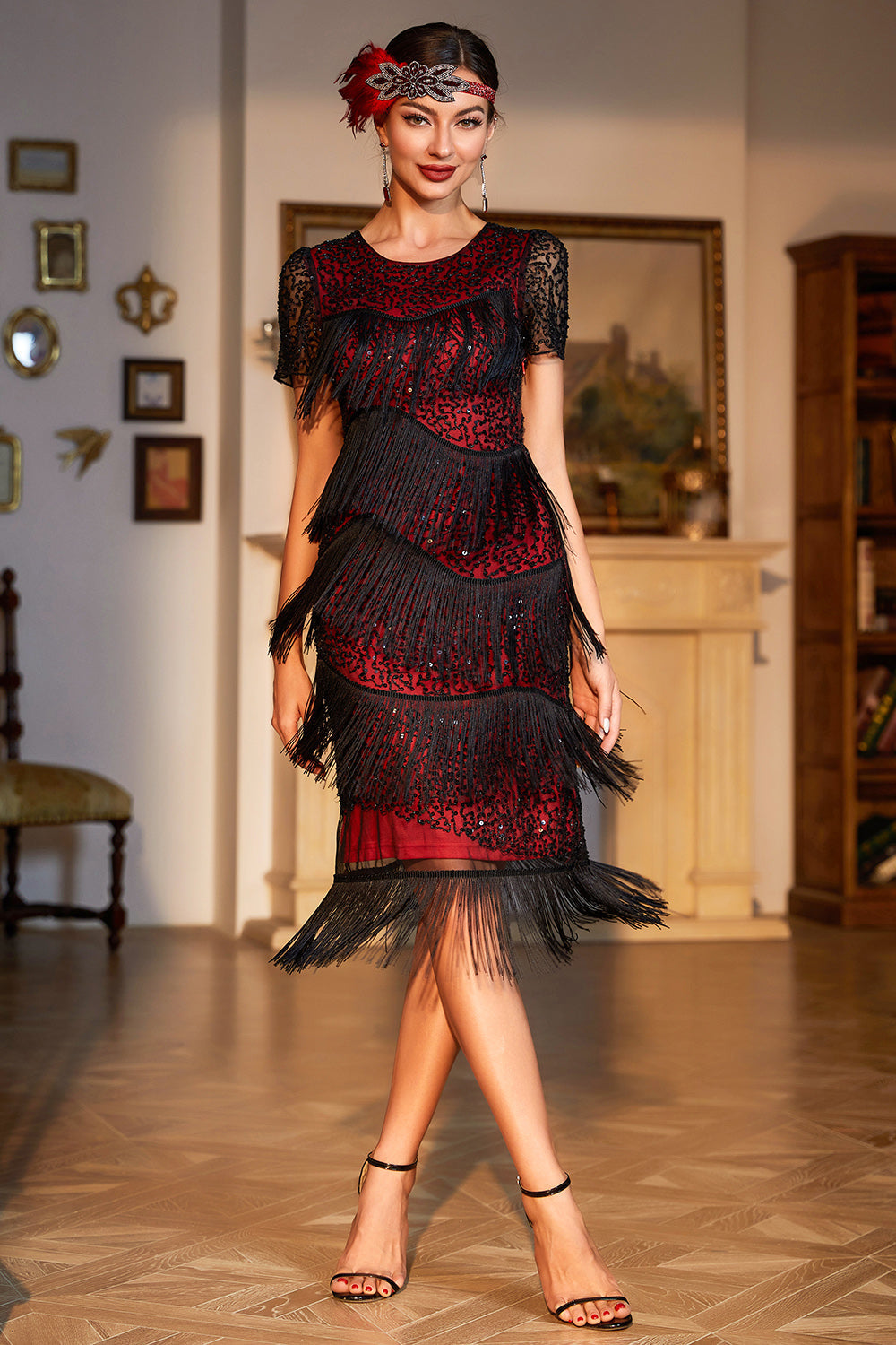 Zwart rood Kralen Gatsby Franje Flapper Jurk Im Angebot