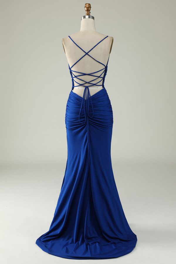 Zeemeermin Spaghetti Bandjes Royal Blue Plus Size Galajurk met Kriskras Rug Jetzt online – Bild 2