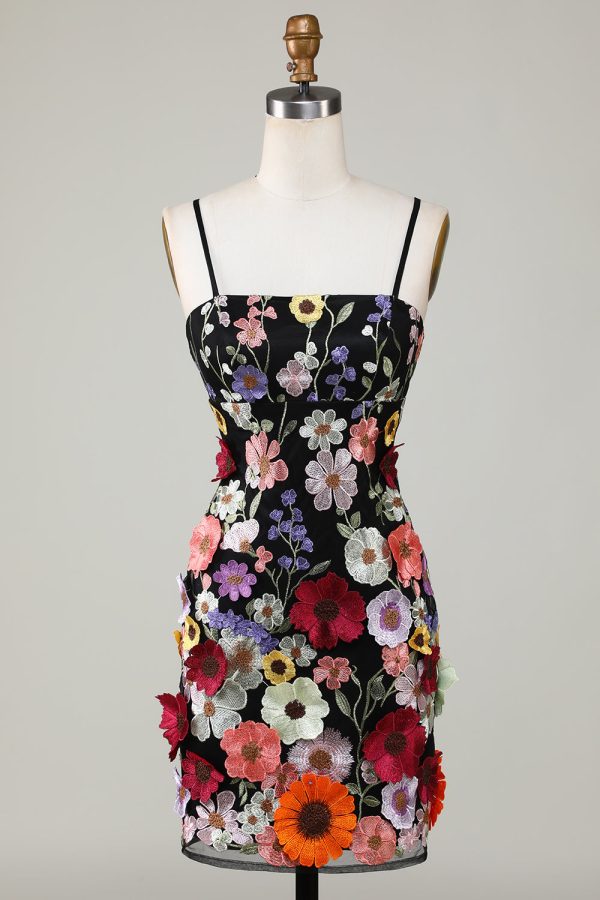 Bodycon Spaghetti Straps Zwarte Homecoming Jurk met 3D Bloemen Rabatt