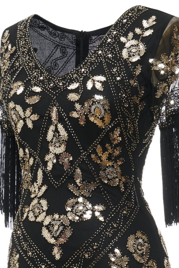 V-hals zwarte lange jaren 1920 flapper jurk met pailletten en franjes Rabatt – Bild 5