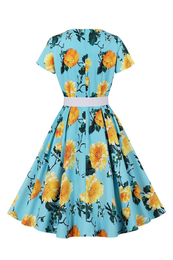 blauwe bloem print korte mouwen vintage jurk Online – Bild 2