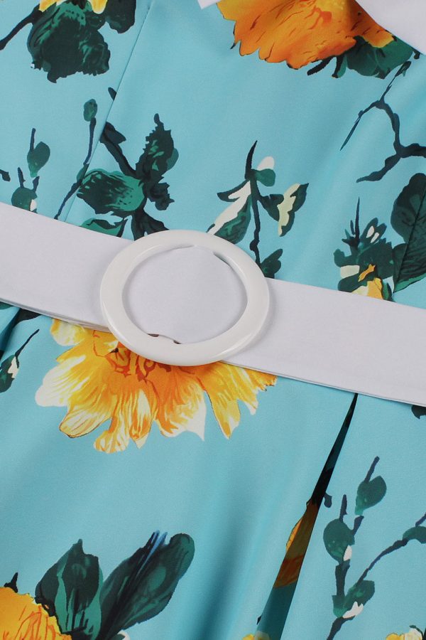 blauwe bloem print korte mouwen vintage jurk Online – Bild 3