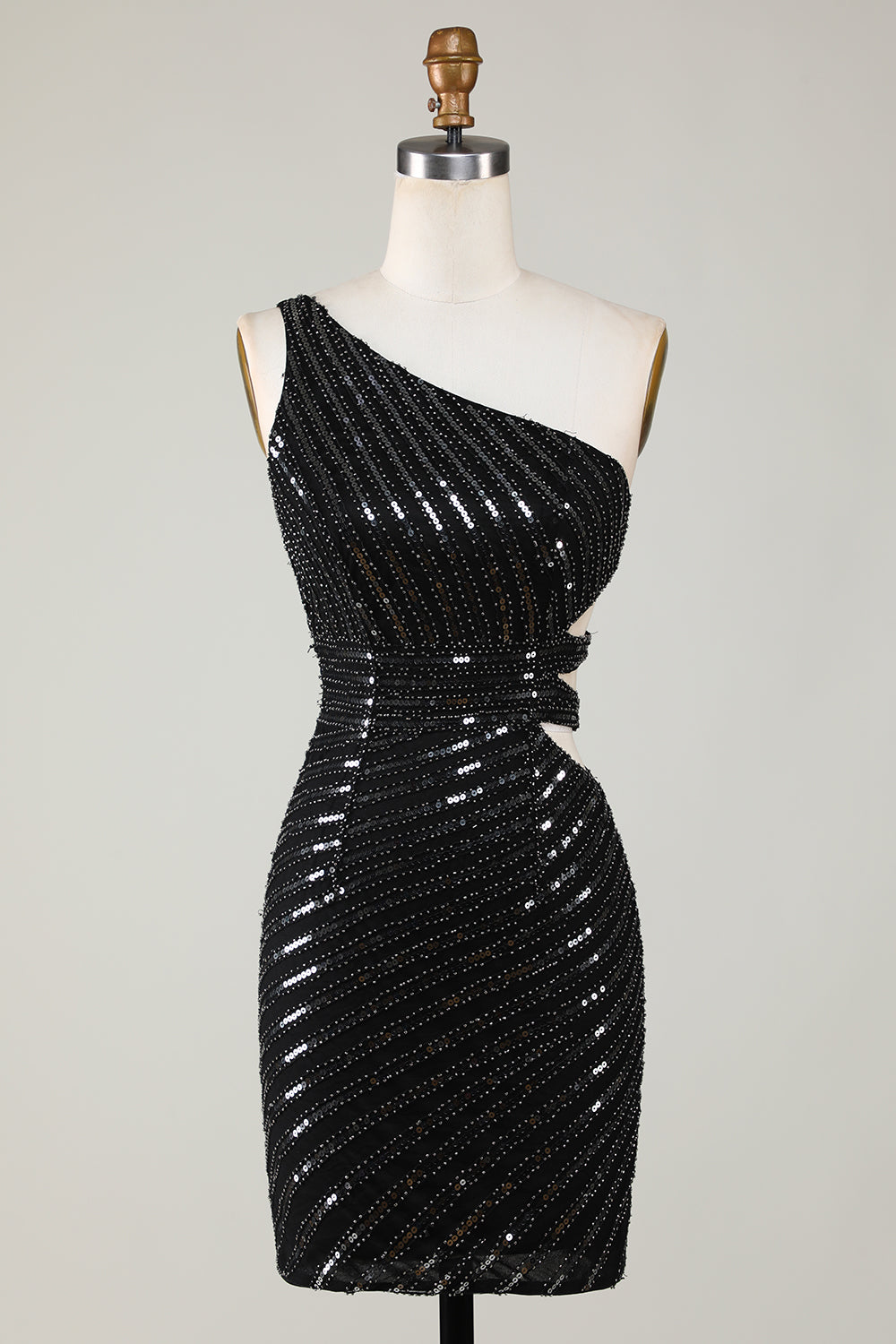 Sprankelende Bodycon Een Schouder Zwarte Pailletten Korte Homecoming Jurk met Cut Out Mode