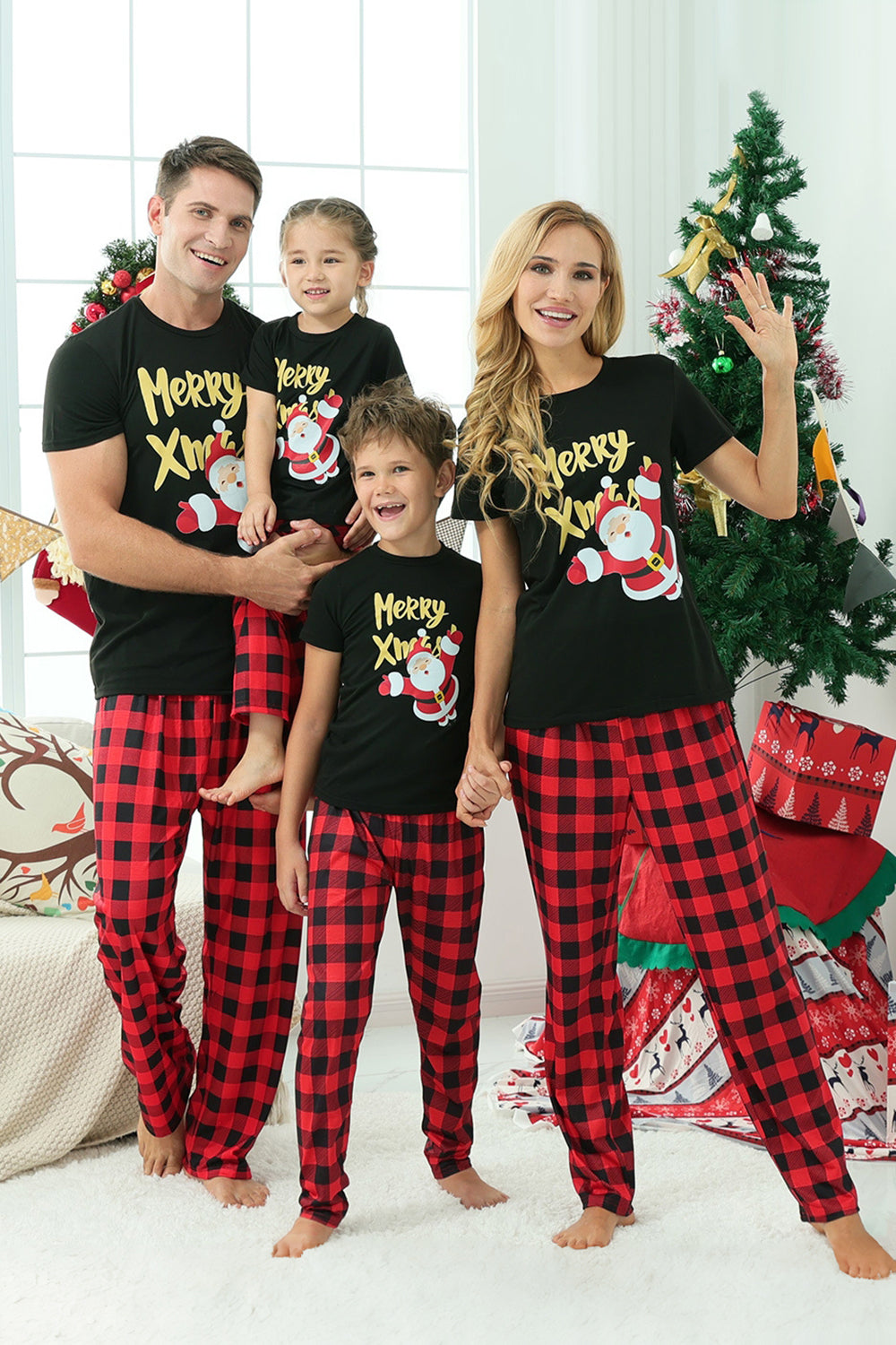 Zwart & Rood Geruite Familie Kerst Pyjama met Korte Mouwen Schn?ppchen
