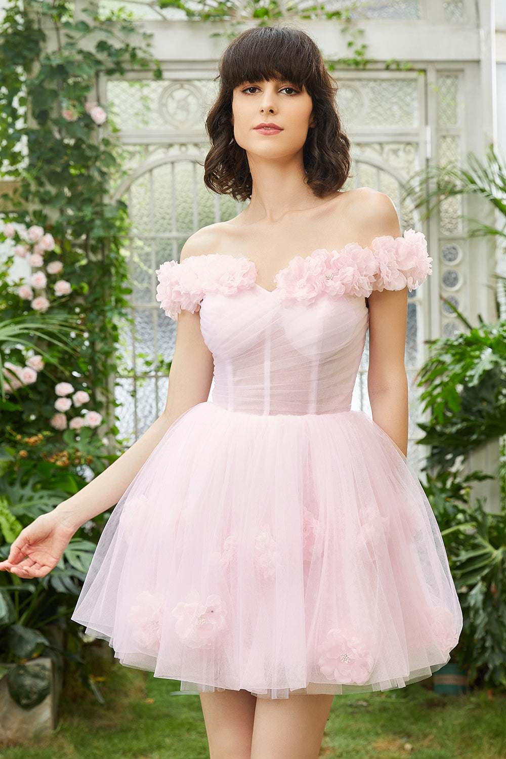 Roze Off the Shoulder Corset Homecoming Jurk met bloemen Im Angebot