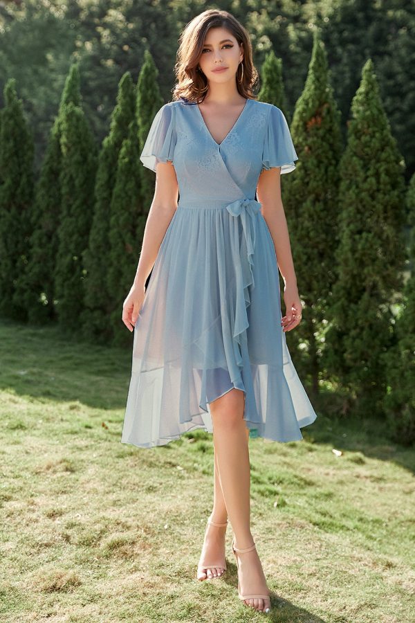 Blauwe Chiffon Wrap Cocktail Jurk Mode