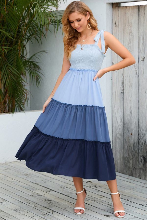 Blauwe A Line Midi Zomerjurk met Geplooid Schn?ppchen
