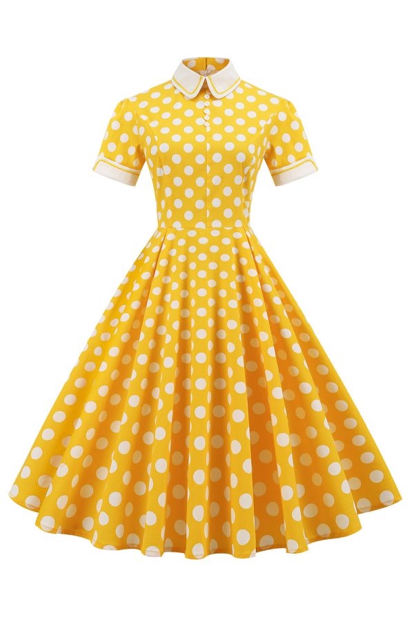 Gele Polka Dots Lente jaren 1950 Jurk Online