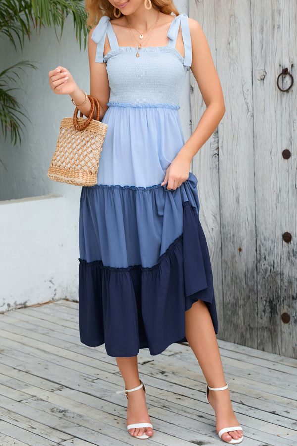 Blauwe A Line Midi Zomerjurk met Geplooid Schn?ppchen – Bild 4