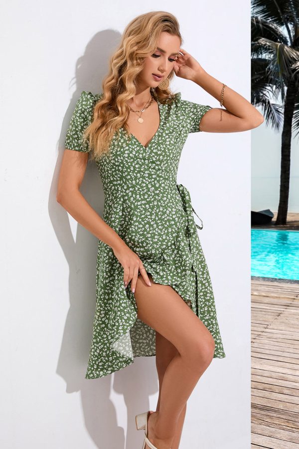 Groene A Line Printed V hals zomerjurk met korte mouwen Angebot – Bild 3