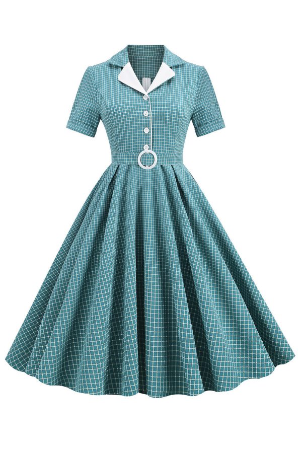 Vintage V Hals Blauw Plaid jaren 1950 Jurk Schn?ppchen