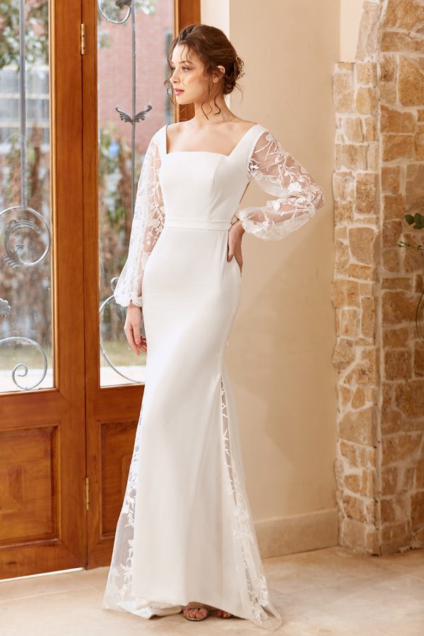 Witte Zeemeermin Lange Mouwen Trouwjurk Online – Bild 5
