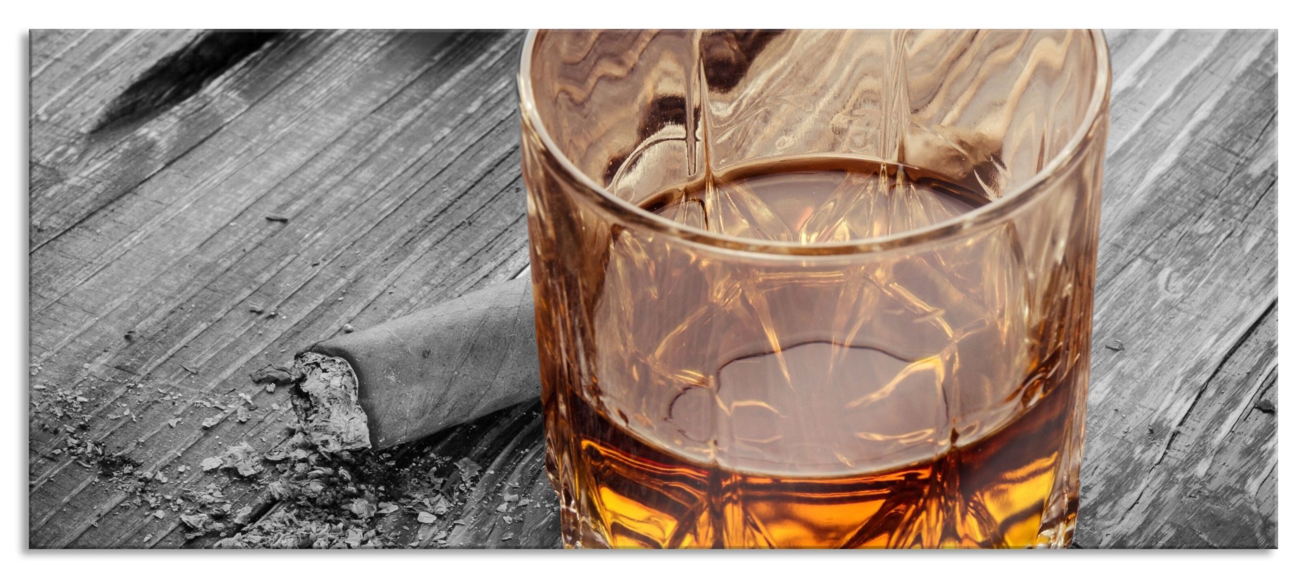 Zigarren hinter Whiskeyglas, Glasbild Panorama Rabatt