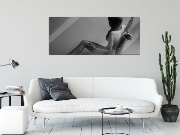 Attraktive Frau mit Saxophone, Glasbild Panorama Rabatt – Bild 2