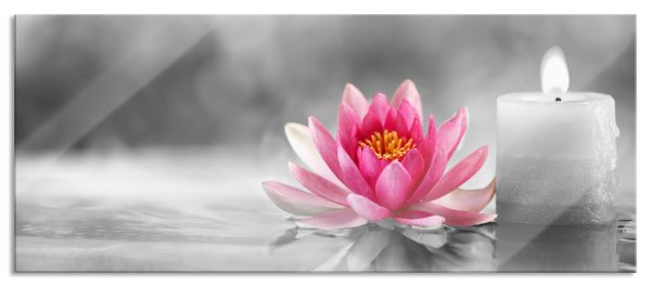 Seerose neben Kerze, Glasbild Panorama Rabatt