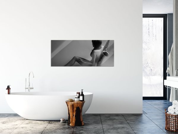 Attraktive Frau mit Saxophone, Glasbild Panorama Rabatt – Bild 4