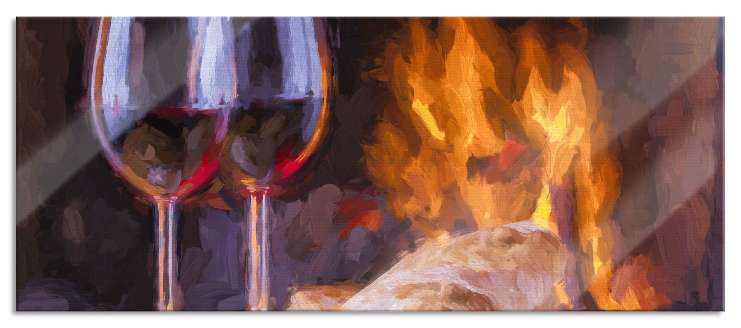 Wein und Baguette am Kamin, Glasbild Panorama Im Angebot