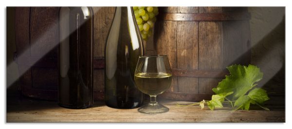 Fässer mit Weintrauben und Wein, Glasbild Panorama Mode