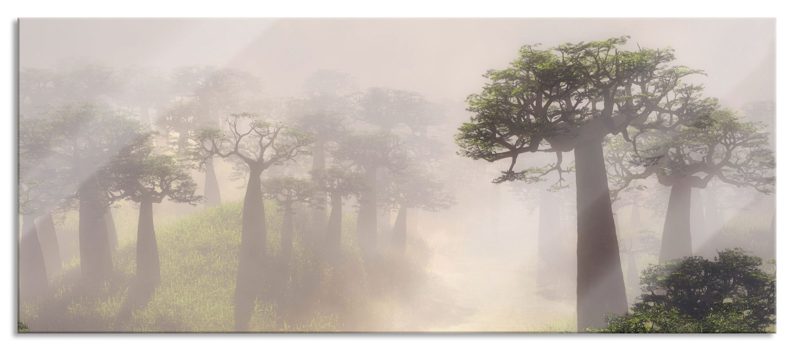 Mysteriöser Wald im Nebel, Glasbild Panorama Im Angebot