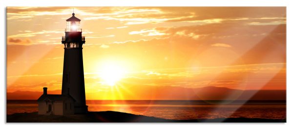 Leuchtturm im Sonnenuntergang, Glasbild Panorama Angebot