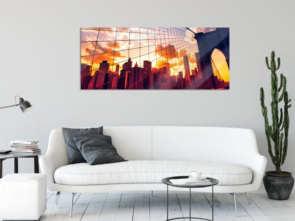 Manhatten bei Sonnenuntergang, Glasbild Panorama Online – Bild 2