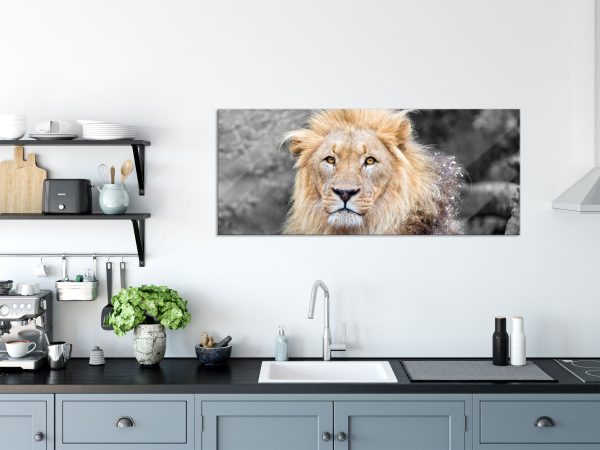 Löwe kuschelt mit Jungtier, Glasbild Panorama Angebot – Bild 3