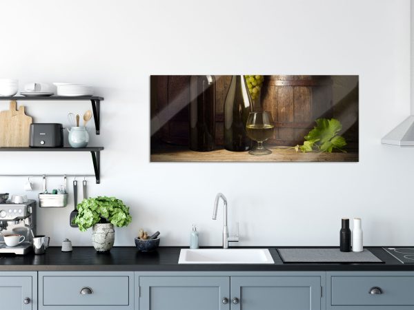 Fässer mit Weintrauben und Wein, Glasbild Panorama Mode – Bild 3