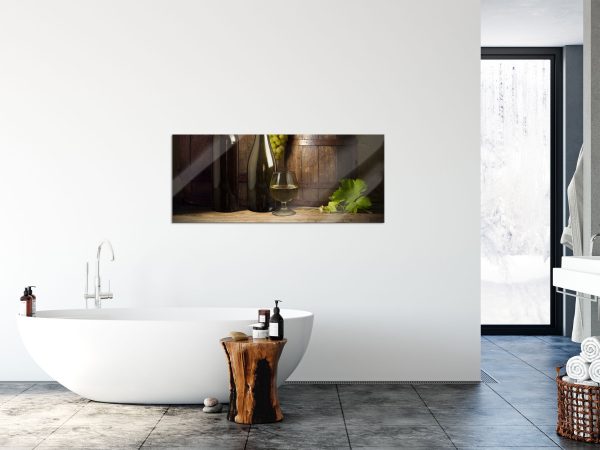Fässer mit Weintrauben und Wein, Glasbild Panorama Mode – Bild 4